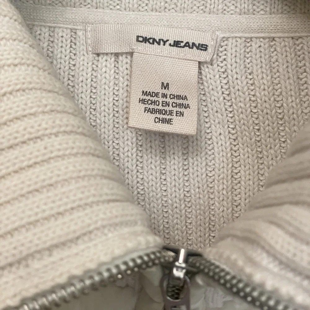 DKNY Jeans Women Cream Faux Fur Ribbed Knit‎ Full Zip Sweater Vest Size M